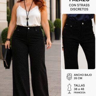 Pantalón Ancho Mujer Negro con Strass Talla Grande
