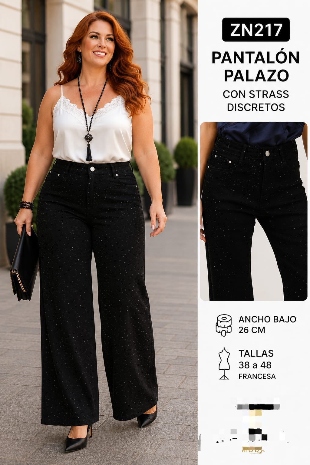 Pantalón Ancho Mujer Negro con Strass Talla Grande